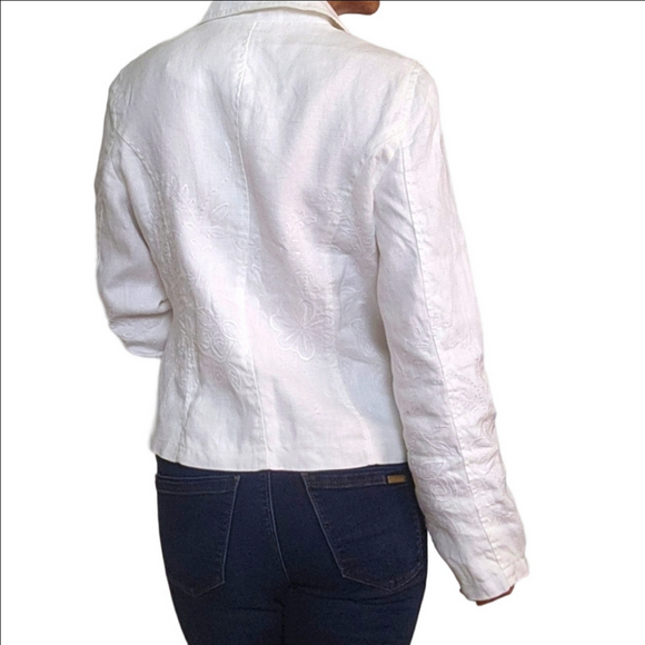 Vintage Women's Blazer White Embroidered Collared 100% Linen BOHO Western Floral - Picture 4 of 14